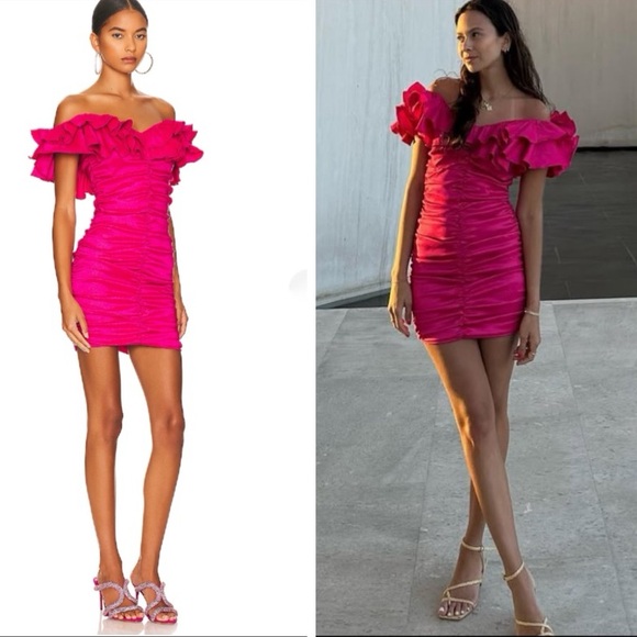 Lovers + Friends Dresses & Skirts - NWT Lovers + Friends Nikolina Ruffles Off-Shoulder Ruched Dress in Magenta Sz S